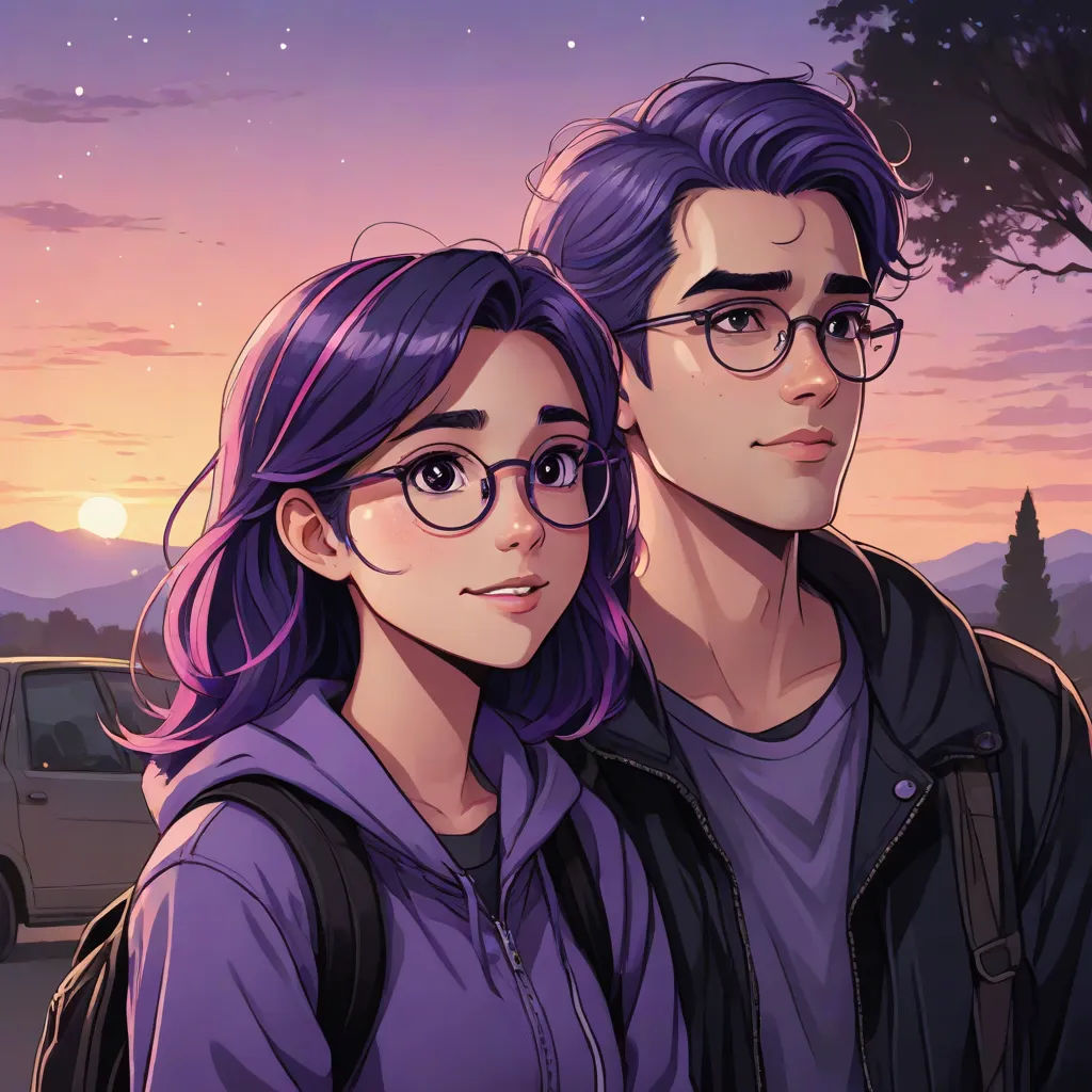 a couple of people standing next to each other in front of a sunset sky with stars and a car, a comic book panel, Felix-Kelly, sots art, official art