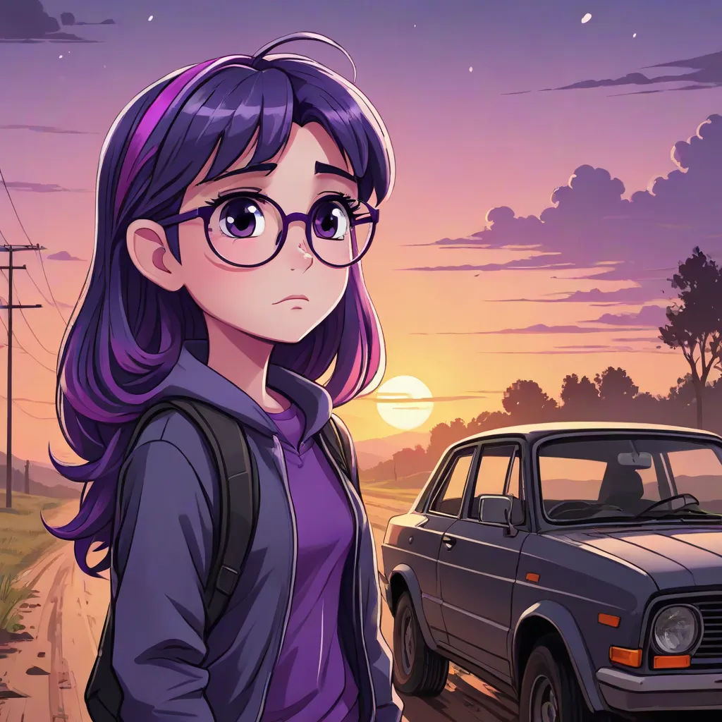 a girl with purple hair and glasses standing next to a car on a road at sunset with a sky background, a character portrait, Ei-Q, sots art, dusk