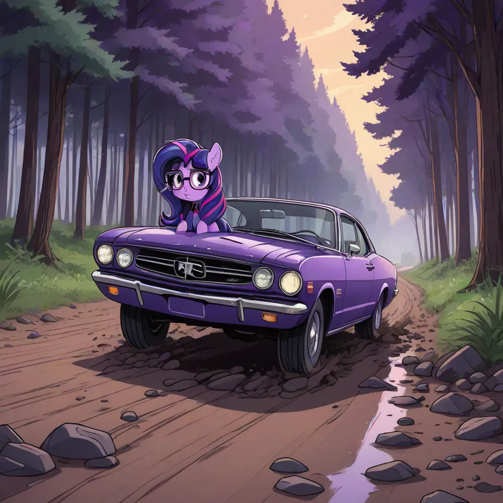 a purple car driving down a dirt road next to a forest filled with trees and rocks and a purple pony, a storybook illustration, Dan Mumford, context art, official art
