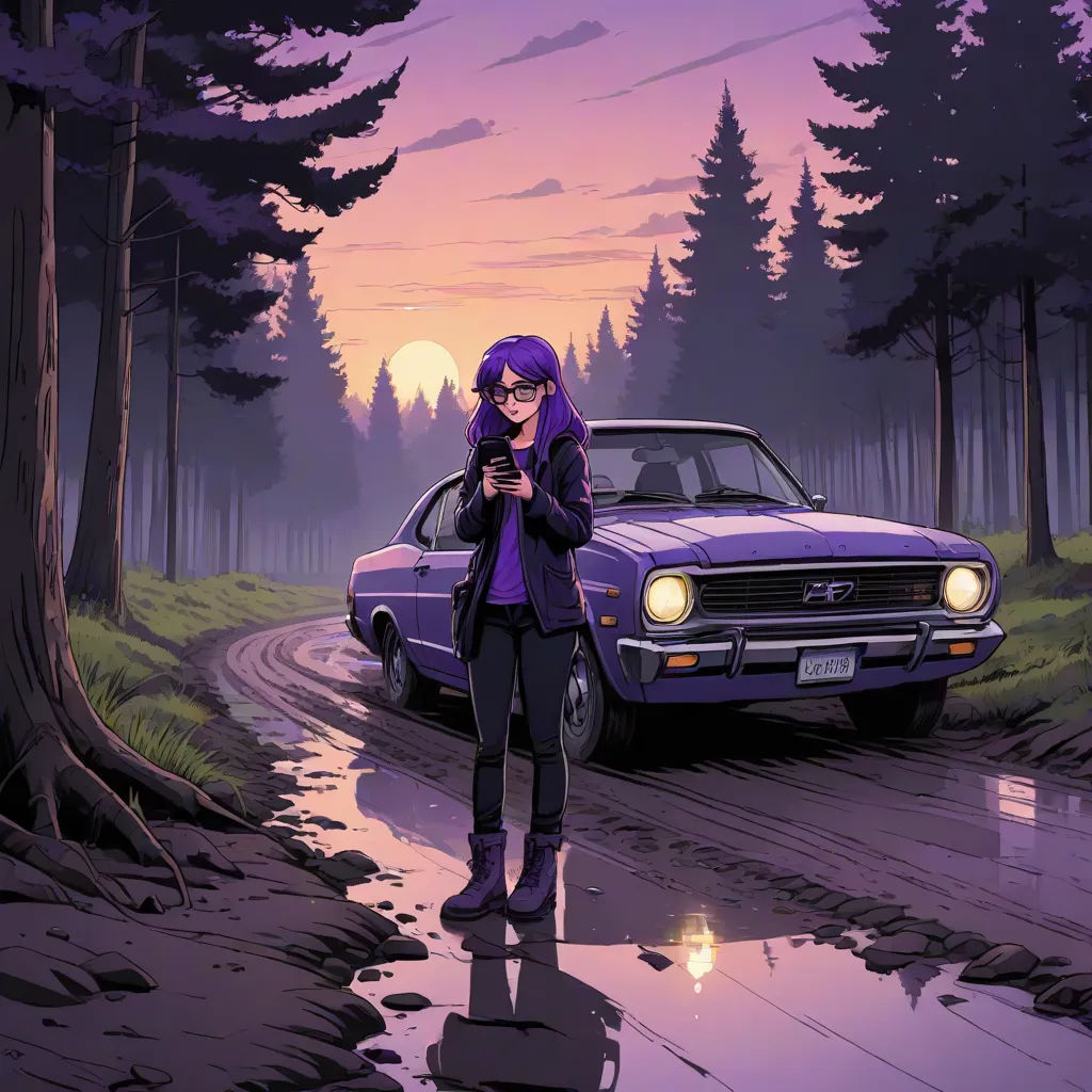 a woman standing in front of a car on a road at sunset with a phone in her hand and a car in the background, a comic book panel, Dan Mumford, american scene painting, dan mumford. octane render