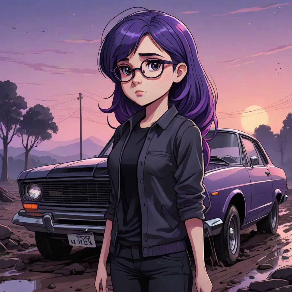 a woman with purple hair and glasses standing in front of a car in a dirt road at sunset with a pink sky, a character portrait, Constance Gordon-Cumming, serial art, dusk