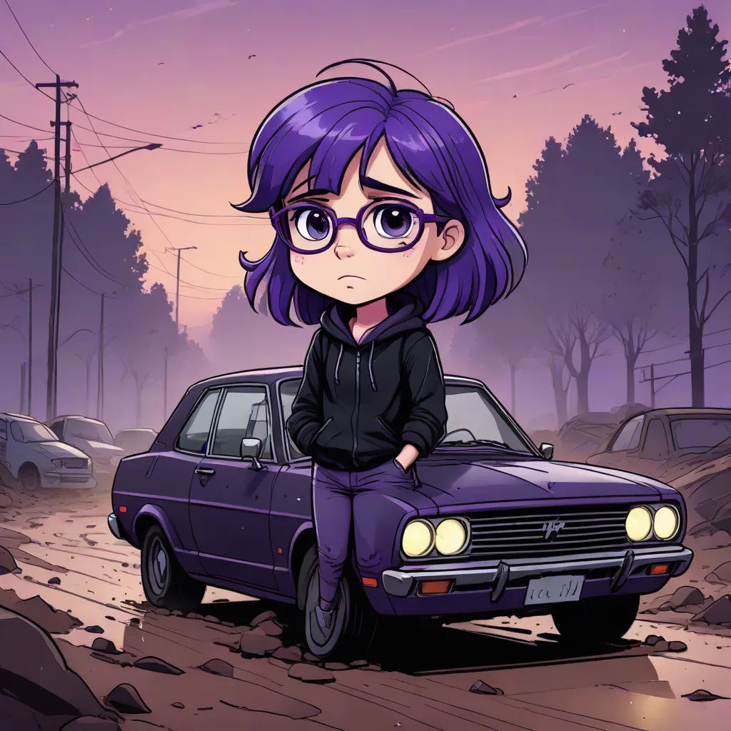 a cartoon girl sitting on the hood of a car in a dirty road with a purple background and a purple sky, a character portrait, Cyril Rolando, serial art, official art