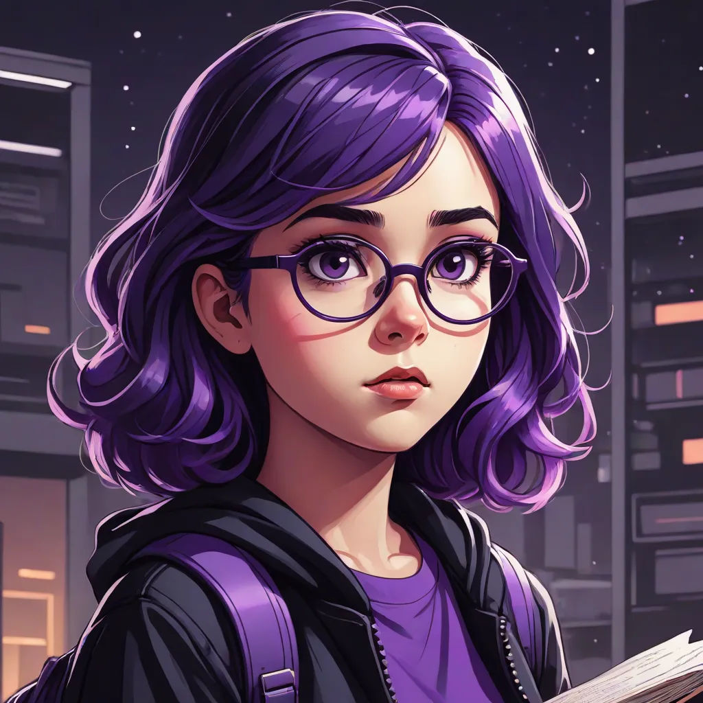 a girl with purple hair and glasses is holding a book in her hand and looking at the camera with a city in the background, a character portrait, Atey Ghailan, sots art, character portrait