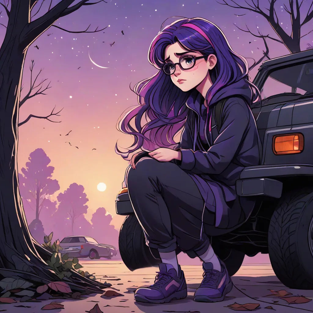 a girl with purple hair sitting on the hood of a truck in front of a tree and a purple sky, an album cover, Dean Roger, sots art, dusk