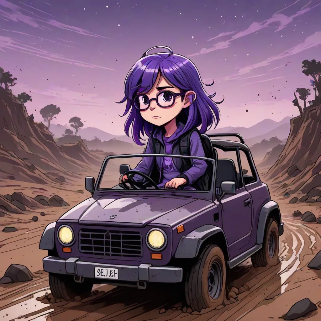 a cartoon girl driving a car in the desert at night time with a purple background and a purple sky, a character portrait, Cyril Rolando, serial art, official art