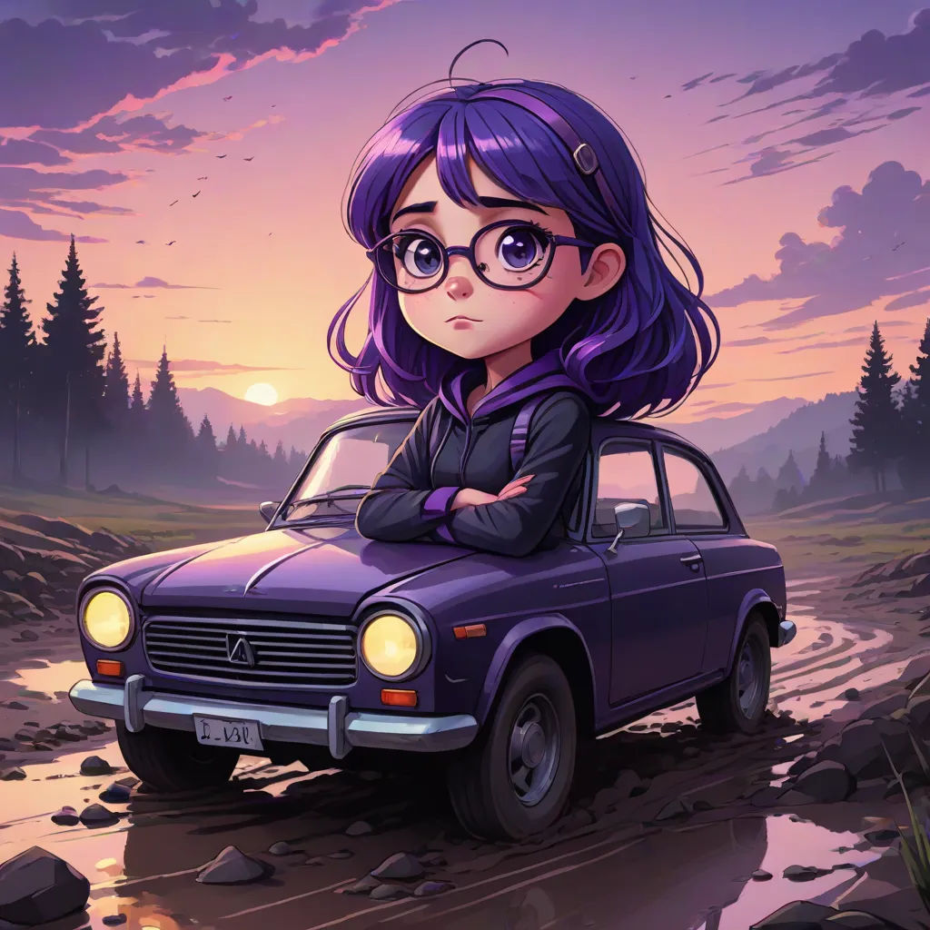 a cartoon girl with purple hair sitting on a car in a field at sunset with a sunset in the background, a character portrait, Cyril Rolando, serial art, trending on art station