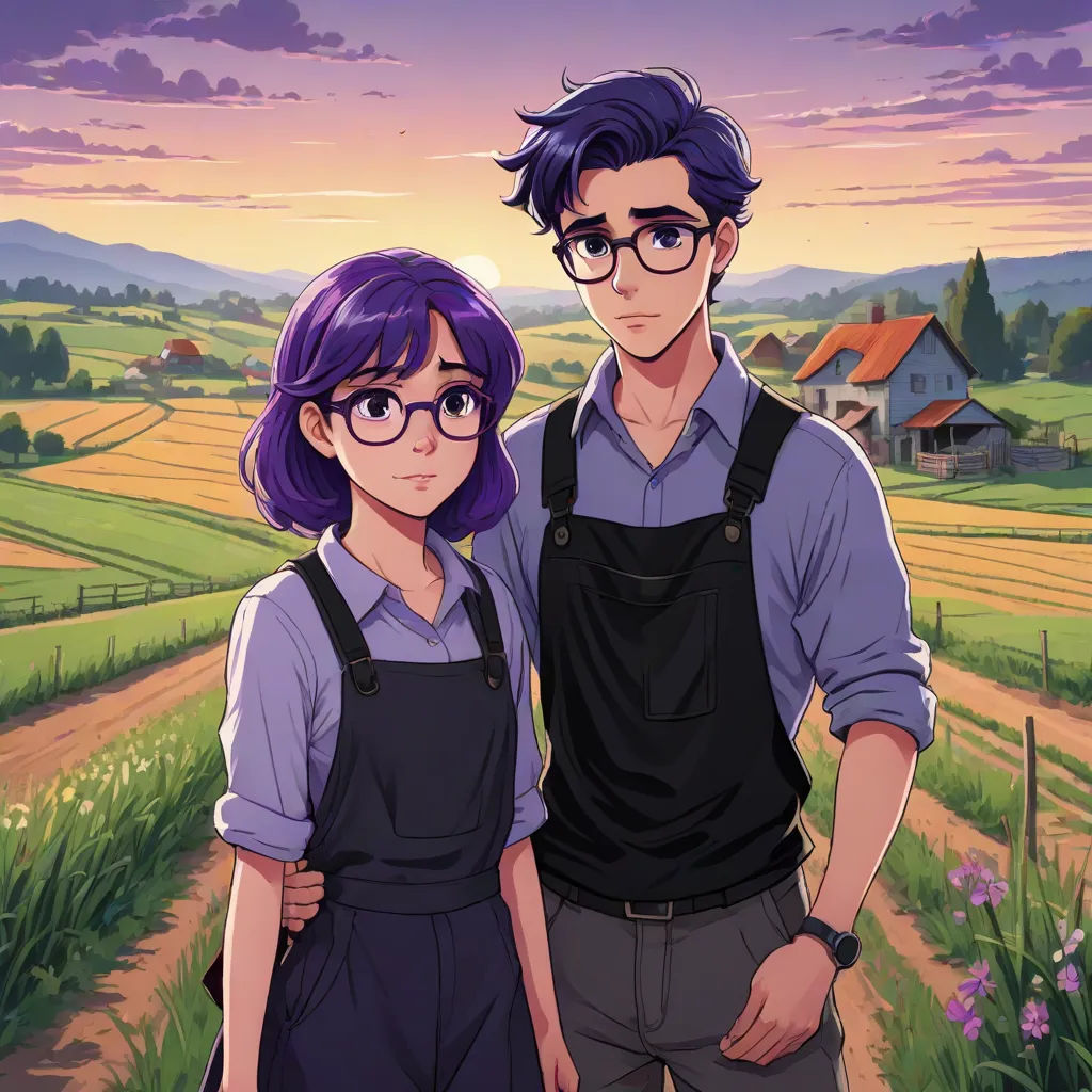 a man and a woman standing in front of a field of flowers and a farm house in the background, a stock photo, Cedric Seaut (Keos Masons), serial art, official art
