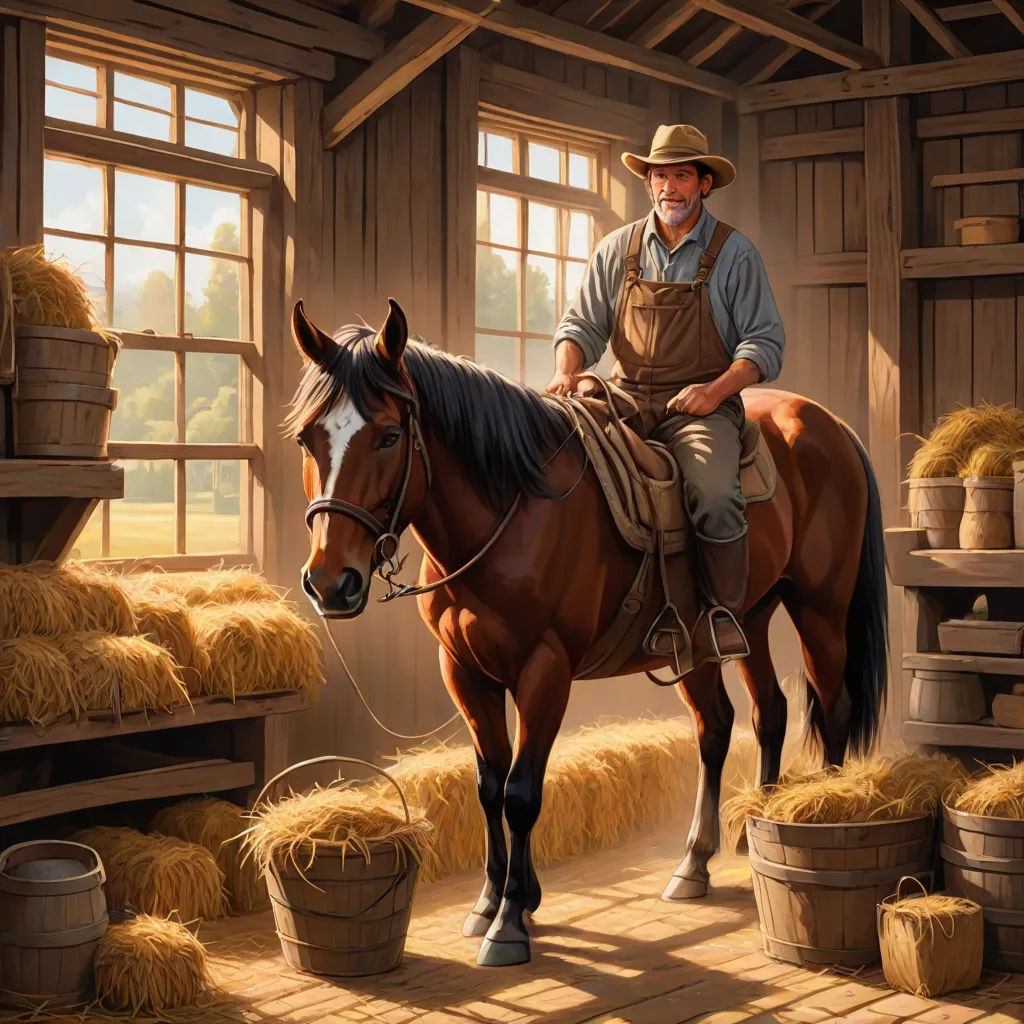 a man riding a horse in a barn filled with hay and bales of hay next to a window, Bob Byerley, american scene painting, a storybook illustration, western comic book art