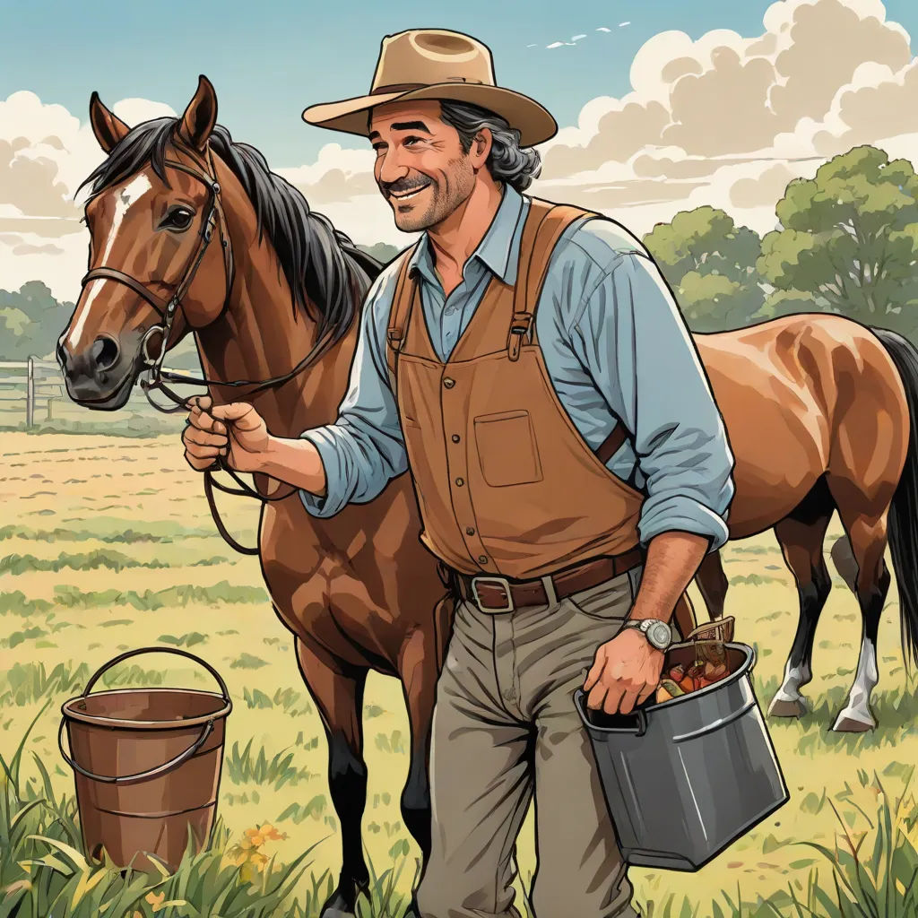 a man in a hat and vest holding a bucket next to a horse in a field with a bucket, Dennis Flanders, american scene painting, a comic book panel, western comic book art