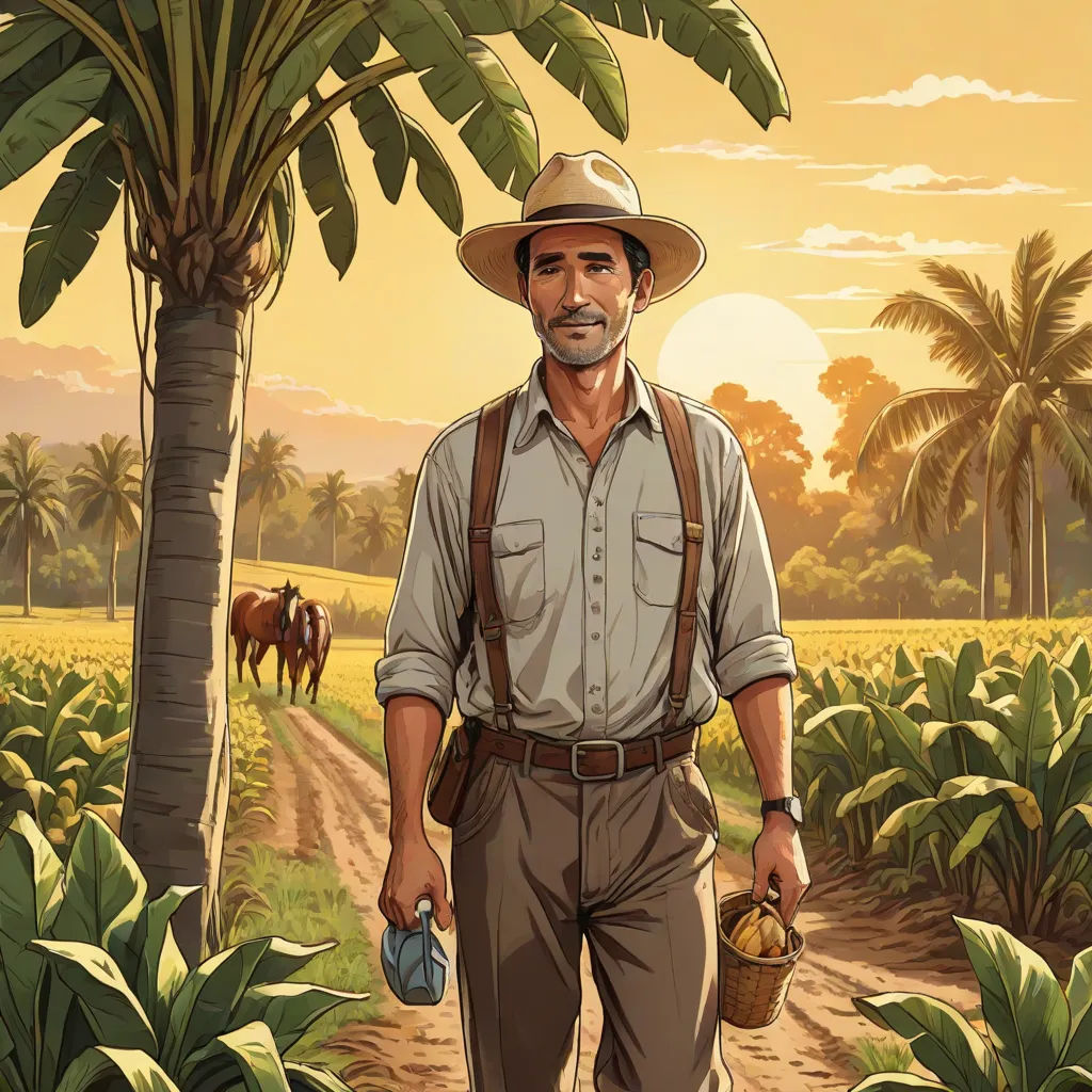 a man in a hat and overalls walking down a dirt road with a horse in the background and a palm tree, Carlos Francisco Chang Marín, serial art, a character portrait, official art