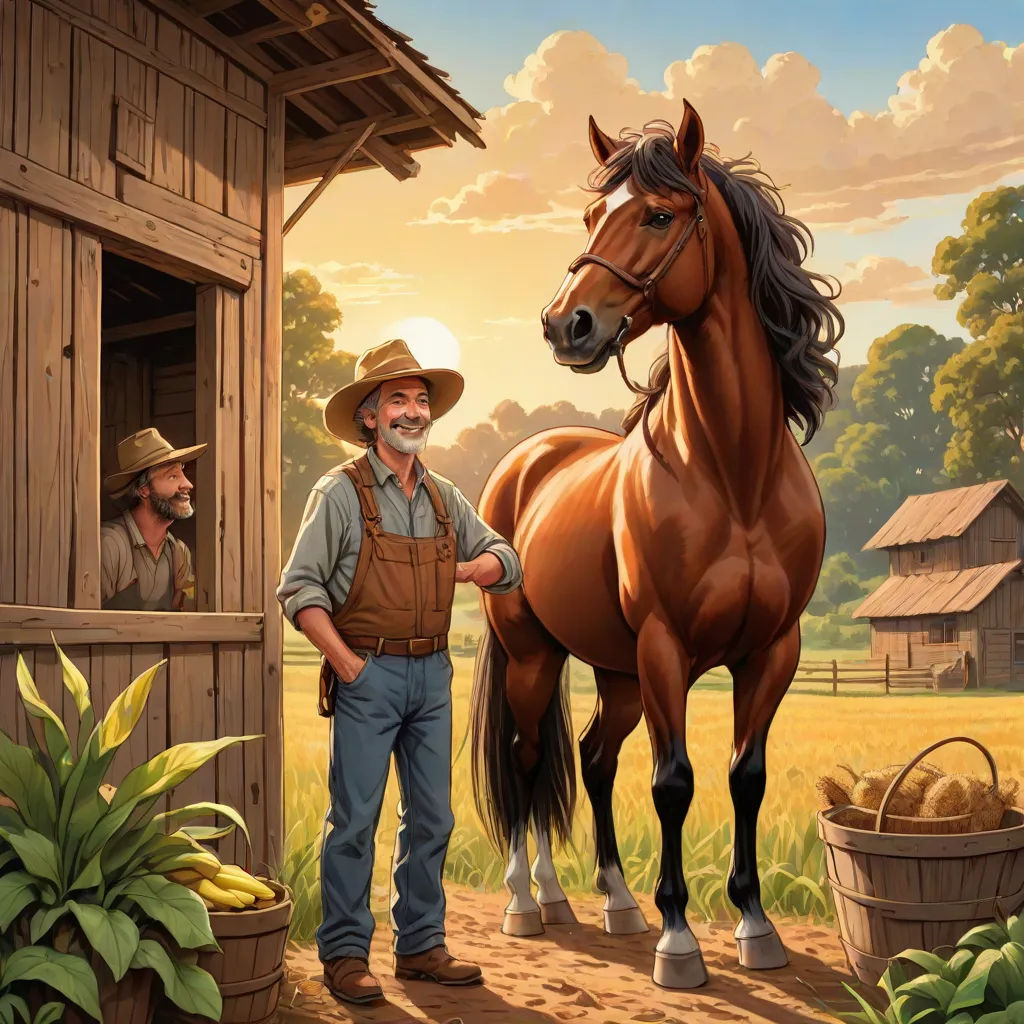 a man standing next to a horse in a barnyard with a man in a cowboy hat next to it, Chris LaBrooy, american scene painting, a storybook illustration, professional digital painting