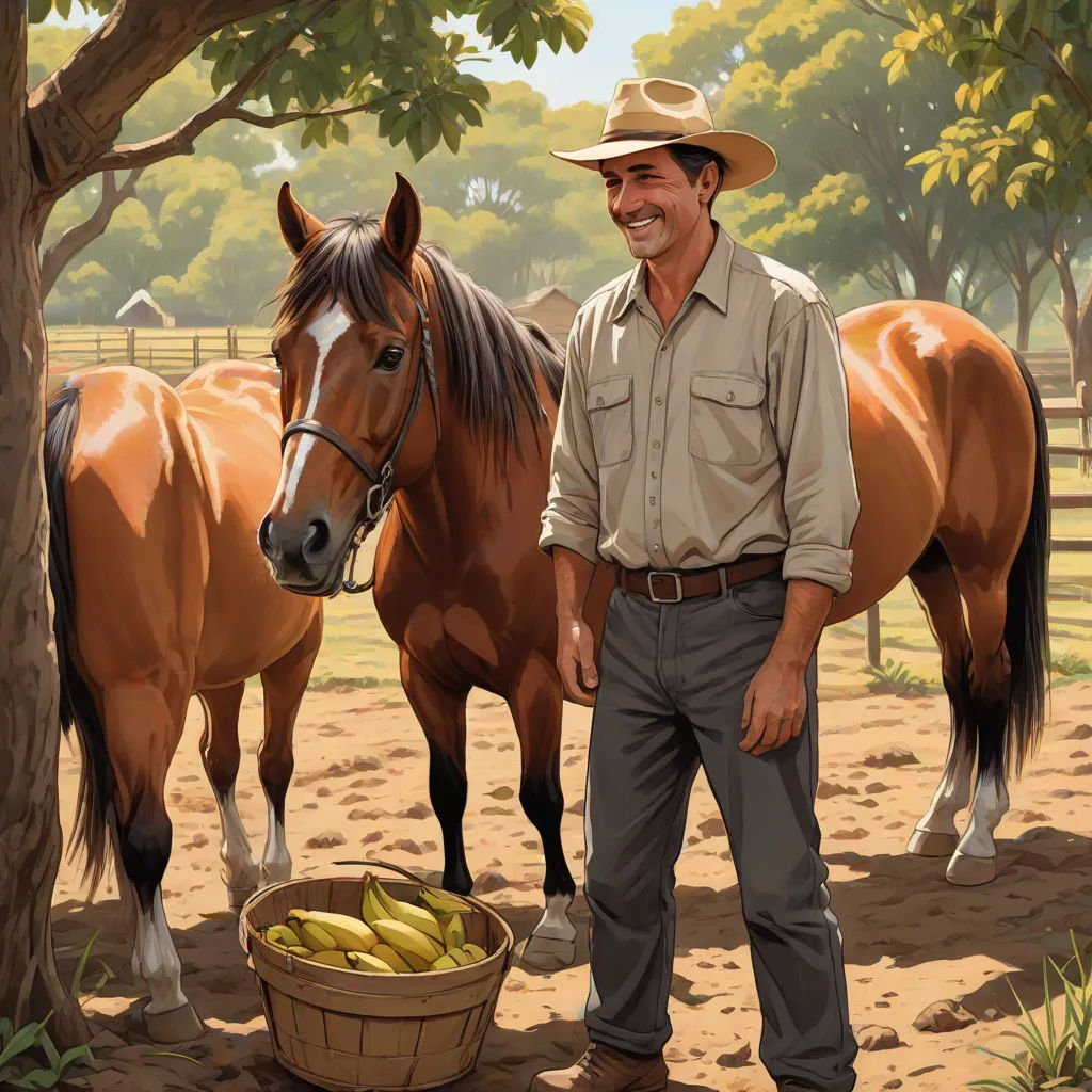 a man standing next to a horse next to a basket of bananas and a basket of bananas on the ground, Chris LaBrooy, american scene painting, a storybook illustration, highly detailed digital painting