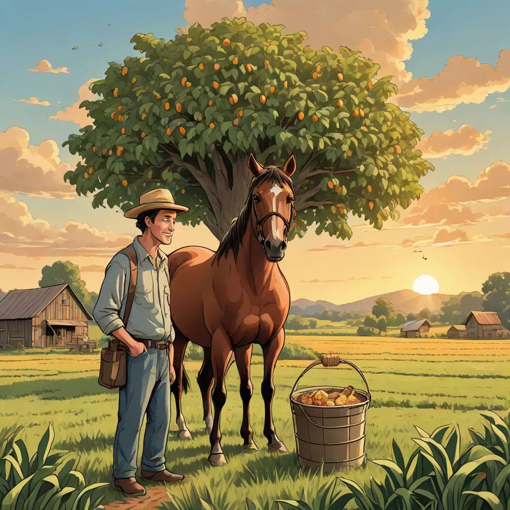 a man standing next to a horse in a field with a bucket of apples in front of him and a tree, Chris LaBrooy, american scene painting, a storybook illustration, storybook illustration