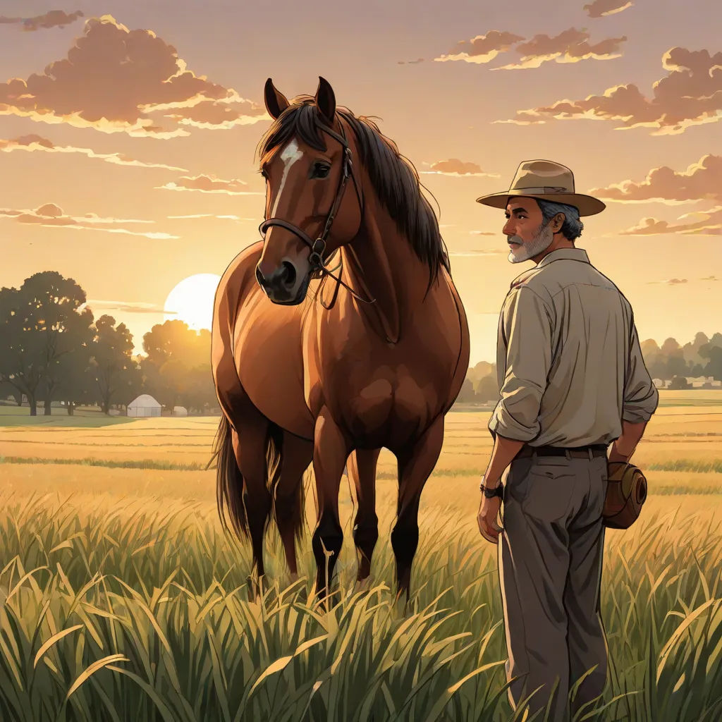 a man standing in a field next to a horse with a sunset in the background behind him and a horse in the foreground, Drew Struzan, american scene painting, a comic book panel, western comic book art