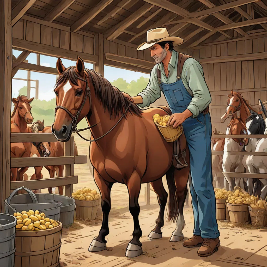 a man is standing next to a horse in a barn with other horses in the background and a bucket of potatoes in the foreground, Dan Content, american scene painting, a storybook illustration, furaffinity