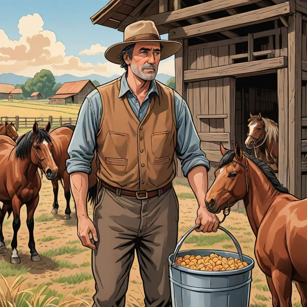 a man standing next to a horse holding a bucket of food in front of a barn with horses in the background, Douglas Shuler, american scene painting, a storybook illustration, western comic book art