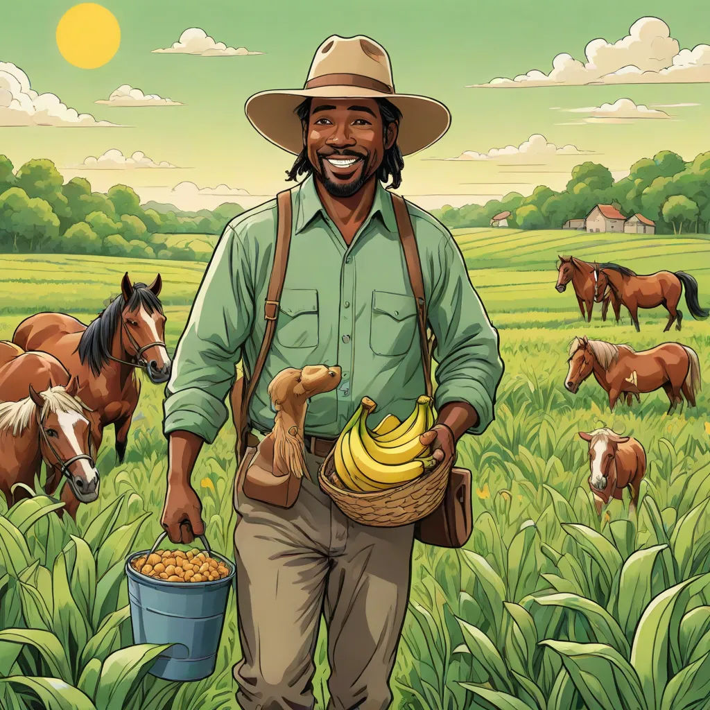 a man in a hat holding a basket of bananas and a bucket of nuts in a field of horses, Chris LaBrooy, american realism, a storybook illustration, promotional image