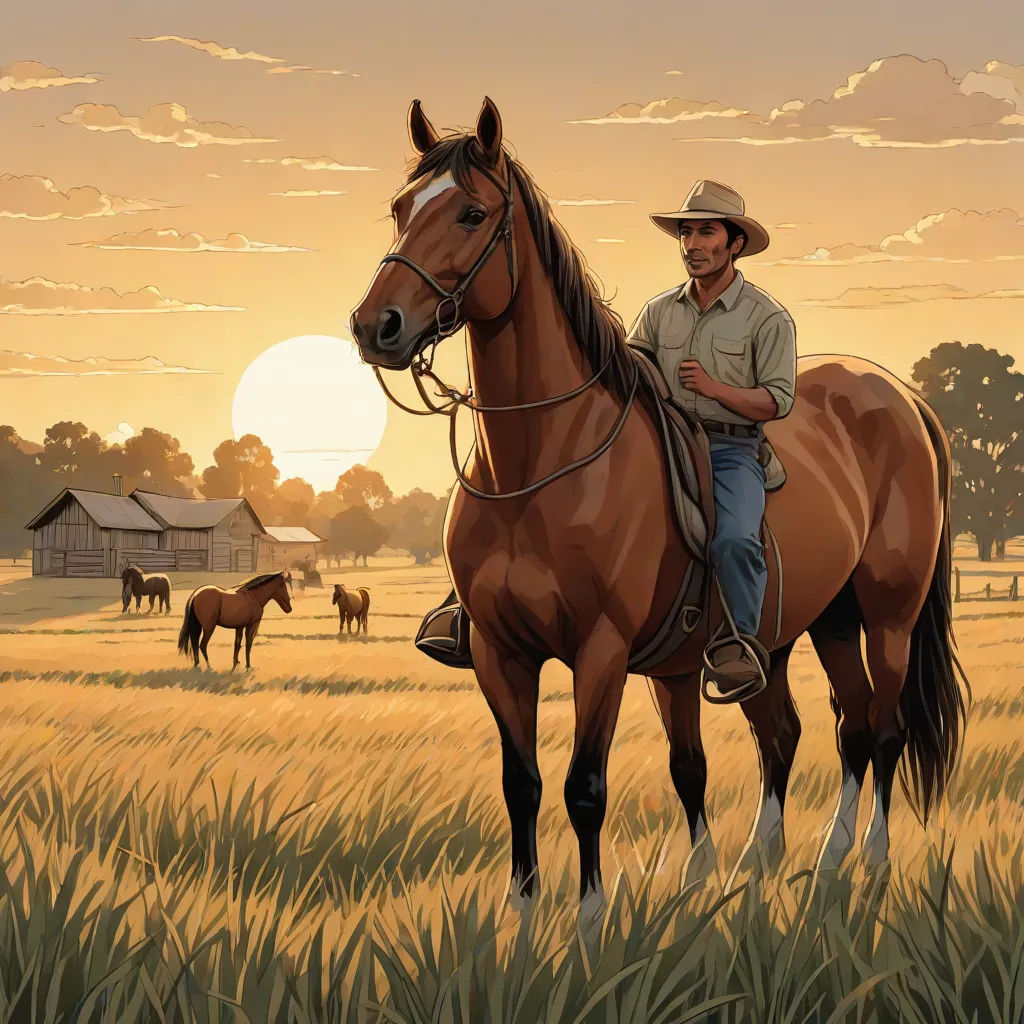 a man riding a horse in a field of grass with horses in the background at sunset or dawn,, Douglas Shuler, american scene painting, a storybook illustration, western comic book art
