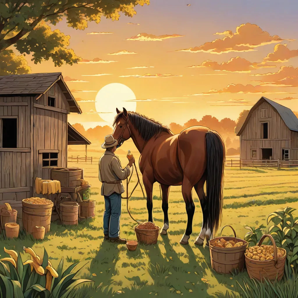 a man standing next to a horse in a field near a barn and a barrel of hay with a bucket of corn, Dan Mumford, american scene painting, a storybook illustration, storybook illustration