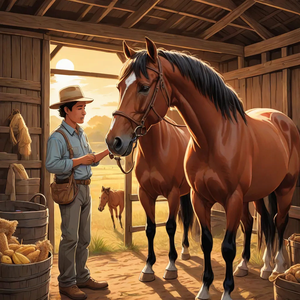 a man standing next to a horse in a barn with other horses in the background and a barrel of milk, Brothers Hildebrandt, american scene painting, a storybook illustration, highly detailed digital painting