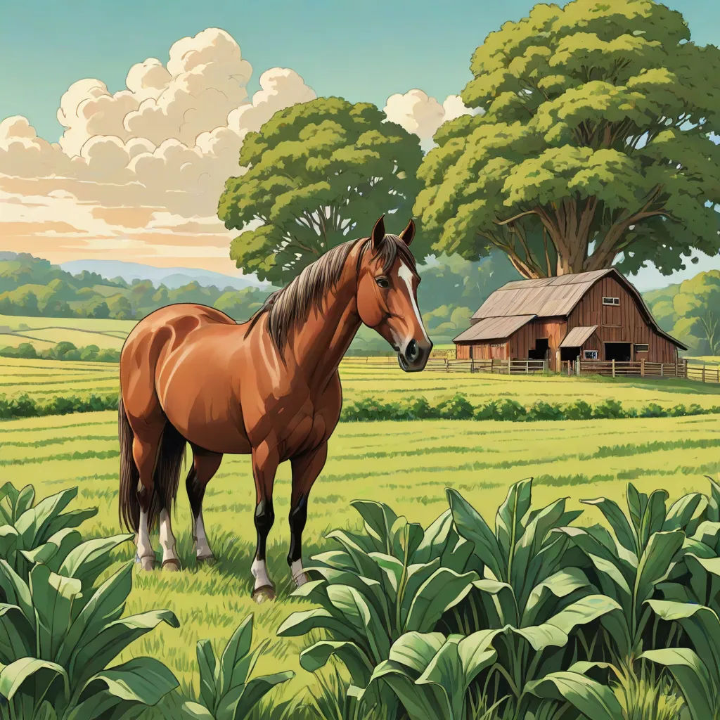 a horse standing in a field next to a barn and trees with a sky background and clouds in the sky, Chris LaBrooy, american scene painting, a detailed matte painting, highly detailed digital painting