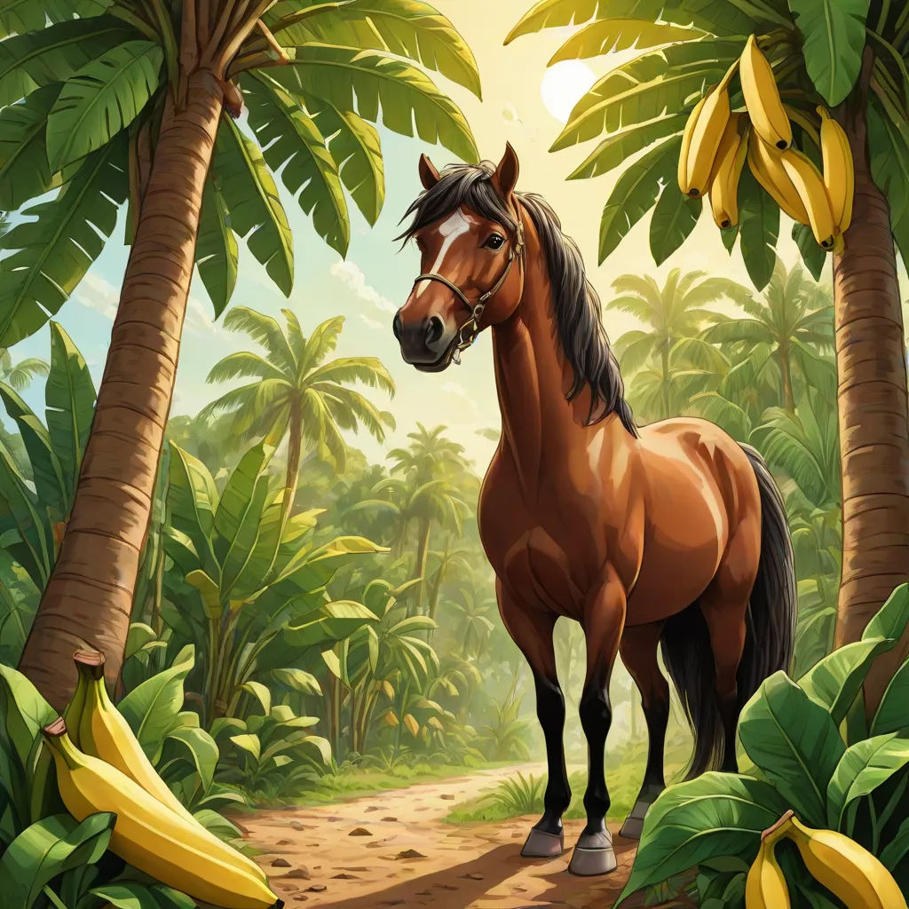 a horse standing in the middle of a jungle with bananas on the trees and a path leading to it, Chris LaBrooy, fantastic realism, a storybook illustration, highly detailed digital painting