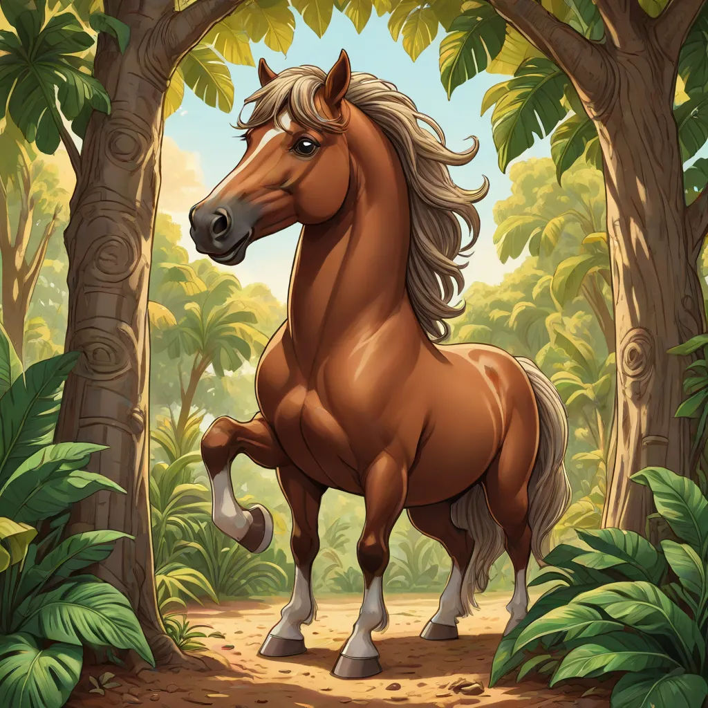 a horse standing in the middle of a forest with trees and leaves around it's sides and a path leading to the forest, Chris LaBrooy, furry art, a character portrait, highly detailed digital painting
