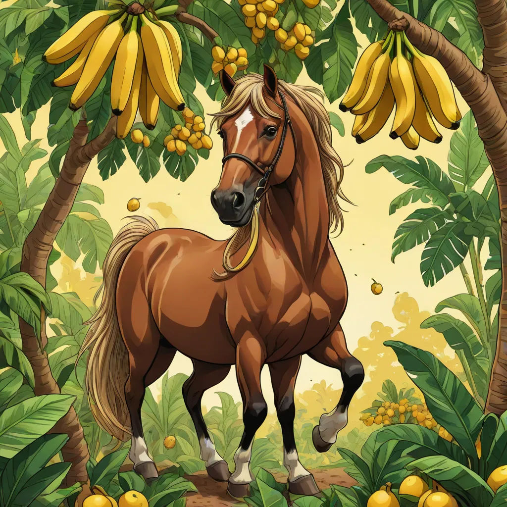a horse standing in a forest with bananas on a tree behind it and a banana tree in the background, Chris LaBrooy, fantasy art, a storybook illustration, detailed illustration
