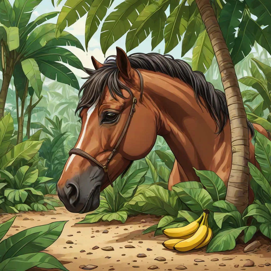 a horse standing in the middle of a jungle with bananas on the ground and a tree in the background, Chris LaBrooy, primitivism, a storybook illustration, jungle