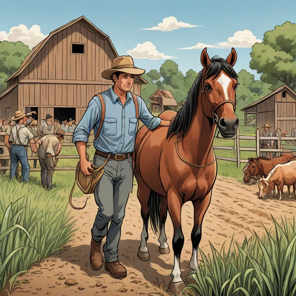 a man is leading a horse in a field with other people in the background and a barn in the background, F Scott Hess, american scene painting, a storybook illustration, western comic book art