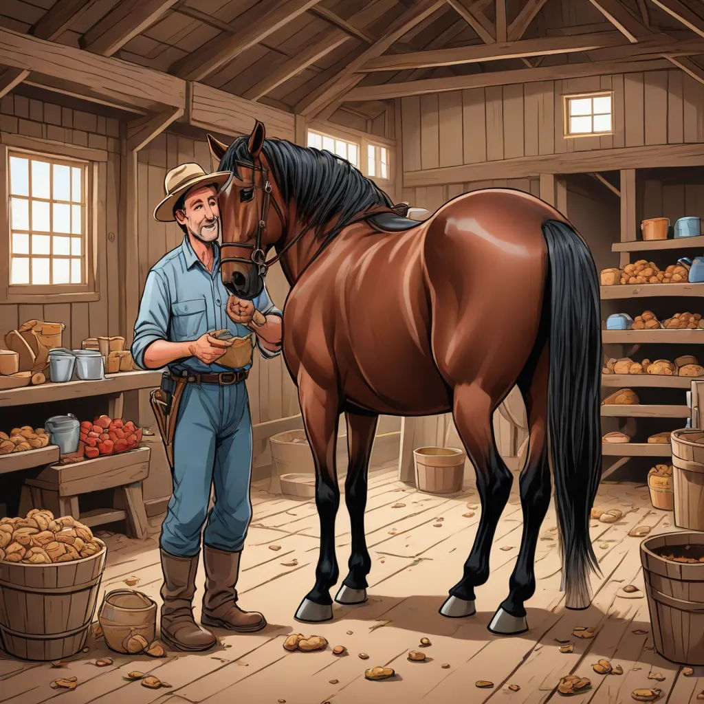 a man standing next to a horse in a barn with a barrel of nuts on the floor and a barrel of apples on the floor, Dan Content, american scene painting, computer graphics, trending on furaffinity