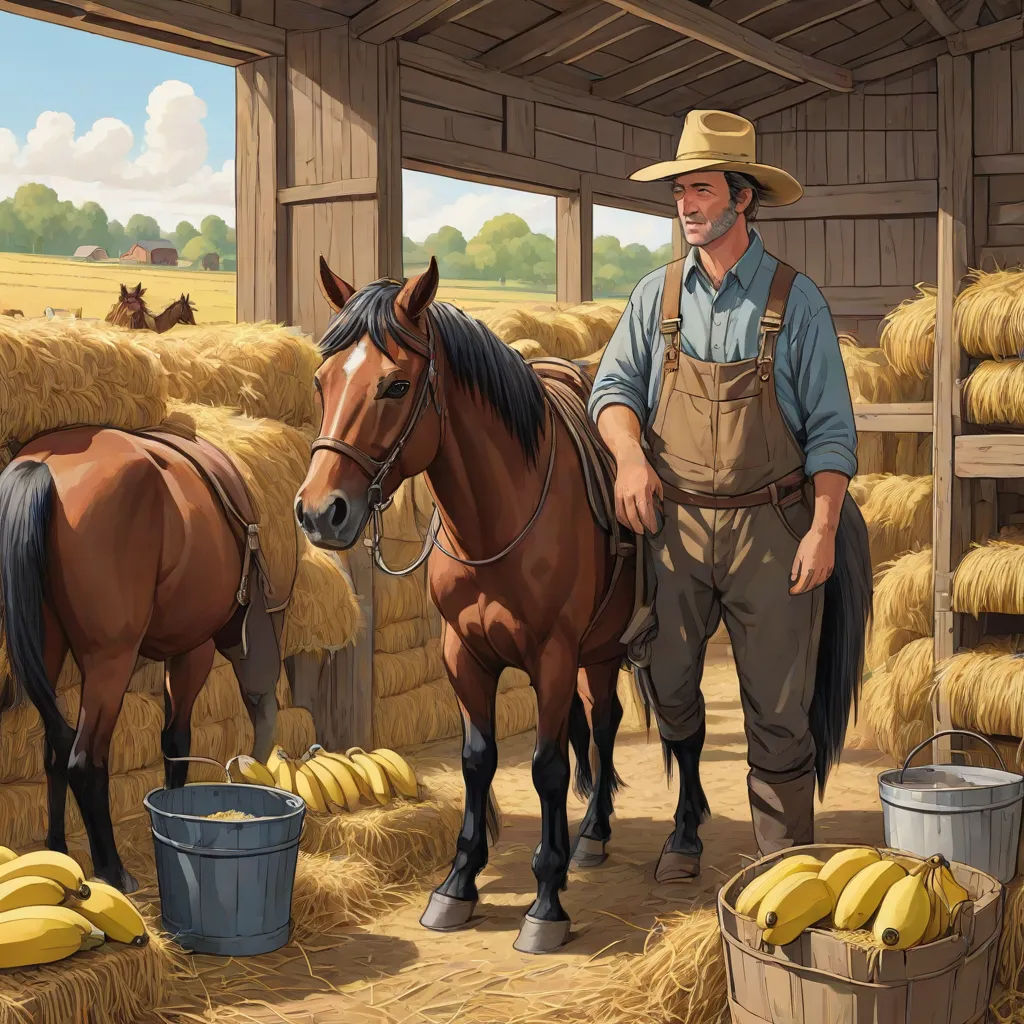 a painting of a man standing next to a horse in a barn with a bunch of hay and a bucket of bananas, F Scott Hess, american scene painting, a storybook illustration, highly detailed digital painting