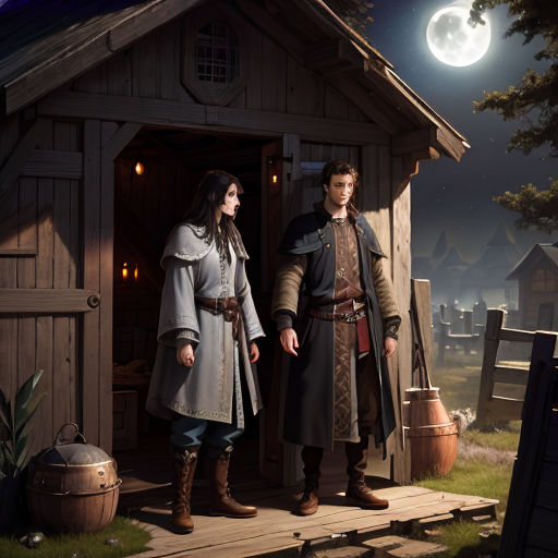 a man and woman dressed in medieval clothing standing outside of a house at night with a full moon in the background