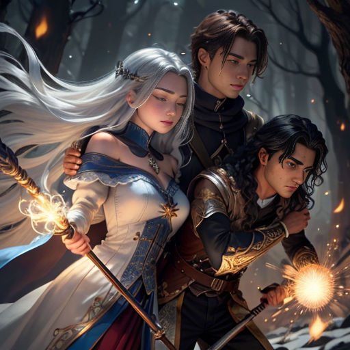 a couple of people standing next to each other in a forest with fire and sparklers in their hands