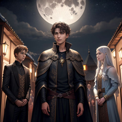 a man and a woman standing in front of a full moon with a castle in the background and a full moon in the sky