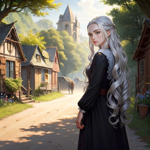 a woman with long hair standing on a street next to a horse and a castle in the background with a horse