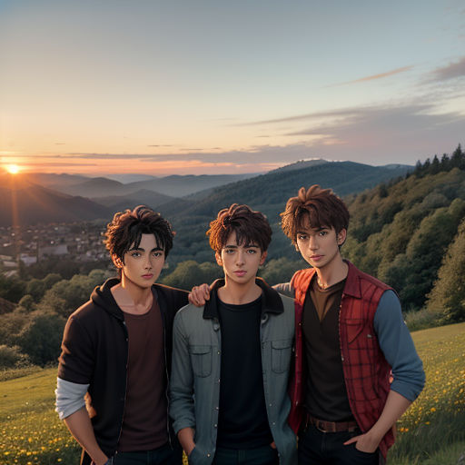 three boys standing in a field with mountains in the background at sunset or dawn with the sun setting behind them