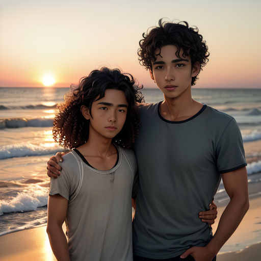 two young men standing on a beach at sunset with the sun setting in the background and the ocean in the foreground