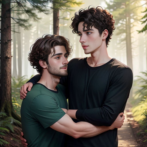 two young men embracing in a forest with trees in the background and fog in the air above them, one of them is wearing a green shirt
