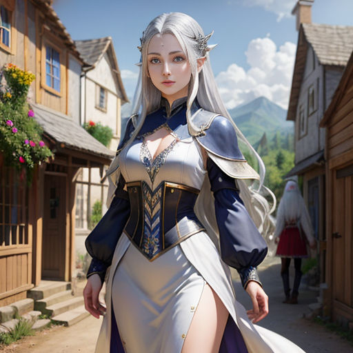 a woman in a white and blue dress is walking down a street with a house in the background and a mountain in the distance