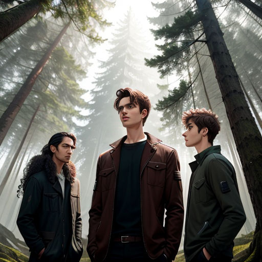 three young men standing in the woods looking at something in the distance with trees in the background and fog in the air