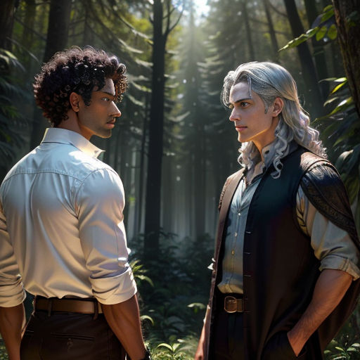 a man and a woman standing in a forest looking at each other with a light shining on them and trees in the background