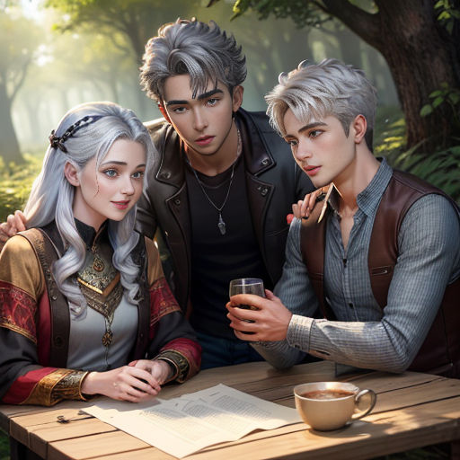 a couple of people sitting at a table with a cup of coffee and a book in front of them