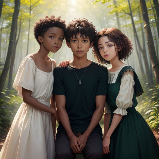 three children are sitting on a bench in the woods, one is wearing a green dress and the other is a white dress