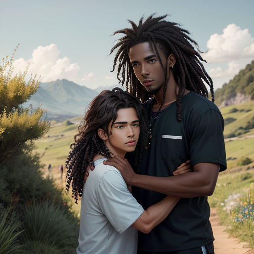 a man and a woman standing next to each other on a dirt road with mountains in the background and grass and bushes