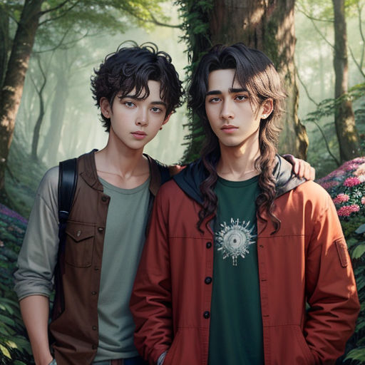 two young men standing next to each other in a forest with flowers and trees in the background, one of them is wearing a backpack