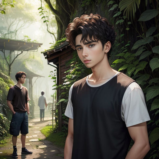 a man standing next to a man in a forest with a house in the background and a forest path