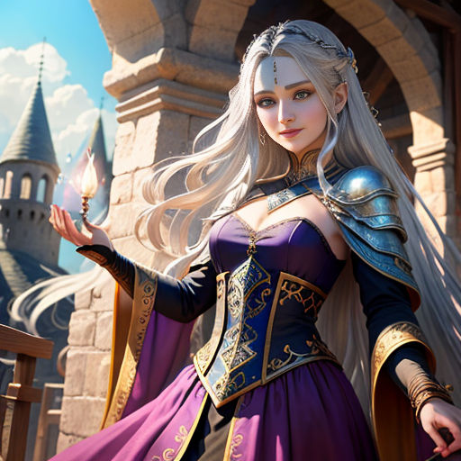a woman in a purple dress holding a candle in her hand and a castle in the background with clouds