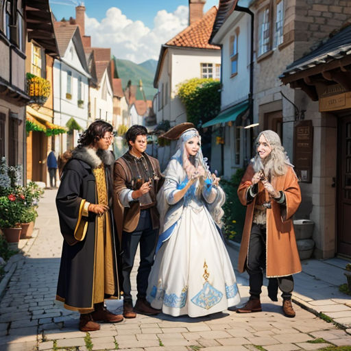 a group of people standing on a street next to each other wearing costumes and holding a wand and a hat