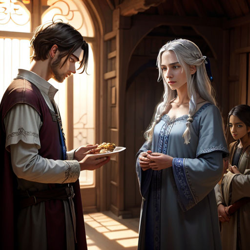 a man and woman standing in a room with a plate of food in front of them and a man in a long white dress